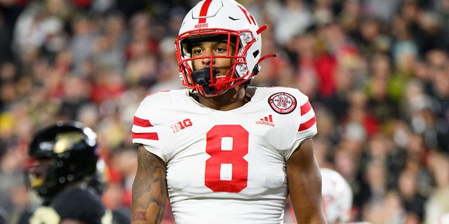 Nebraska Cornhuskers defensive back Myles Farmer (8) looks to the sidelines during a game against the Purdue Boilermakers Oct. 15, 2022, at Ross-Ade Stadium in West Lafayette, Ind.