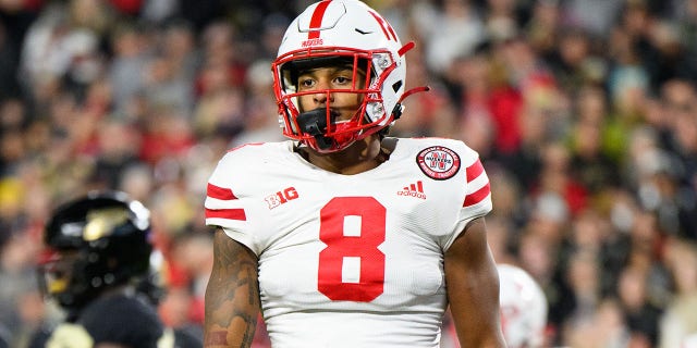Nebraska Cornhuskers defensive back Myles Farmer (8) looks to the sidelines during a game against the Purdue Boilermakers Oct. 15, 2022, at Ross-Ade Stadium in West Lafayette, Ind.