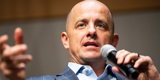 Utah Senator Independent Candidate Evan McMullin participates in a debate on the future of democracy and the American political system at the Salt Lake City Public Library on October 20, 2022.