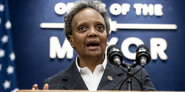 Lori Lightfoot, mayor of Chicago, speaks during a news conference in Chicago, Illinois.  (Christopher Dilts/Bloomberg via Getty Images)