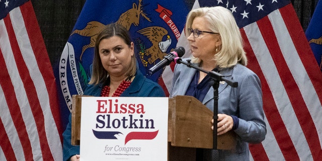 Then-Rep. Liz Cheney (R-WY), right, campaigns for Democrat Rep. Elissa Slotkin (D-MI) astatine a rally connected Nov. 1, 2022 successful East Lansing, Michigan.