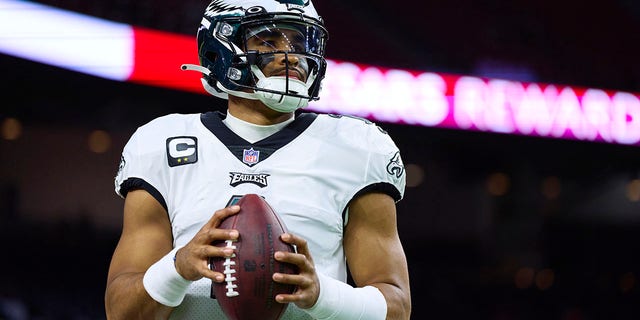 Jalen Hurts, #1 of the Philadelphia Eagles, warms up before kickoff against the Houston Texans at NRG Stadium on Nov. 3, 2022 in Houston.