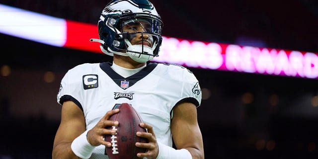 Jalen Hurts, #1 of the Philadelphia Eagles, warms up before kickoff against the Houston Texans at NRG Stadium on Nov. 3, 2022 in Houston.