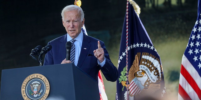 U.S. President Joe Biden speaks to ViaSat dignitaries and employees on Nov. 4, 2022, in Carlsbad, California. 