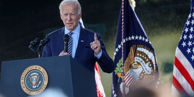 U.S. President Joe Biden speaks with dignitaries and employees at ViaSat on November 4, 2022 in Carlsbad, California. 