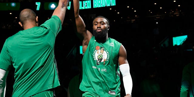 Jaylen Brown, #7 of the Boston Celtics, is introduced before the game against the Chicago Bulls on Nov. 4 2022 at the TD Garden in Boston.