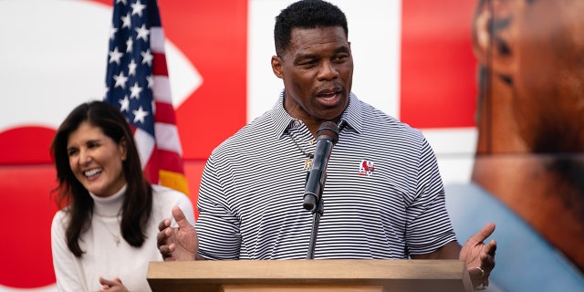 Herschel Walker, Republican candidate for U.S. Senate, speaks at a campaign event in Hiram, Georgia, on Sunday.