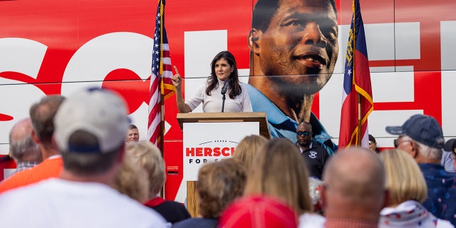 Former UN Secretary of State Nikki Haley speaks at a rally for Georgia Senate candidate Herschel Walker in Hiram, Georgia on November 6th, 2022.