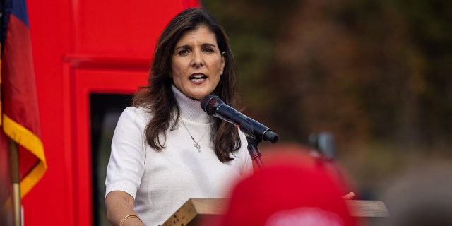 Former UN Ambassador Nikki Haley speaks at a rally for Georgia Senate candidate Herschel Walker in Hiram, Georgia on November 6th, 2022. 