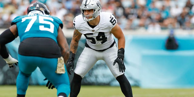 Las Vegas Raiders linebacker Blake Martinez (54) during a game against the Jacksonville Jaguars Nov. 6, 2022, at TIAA Bank Field in Jacksonville, Fla.