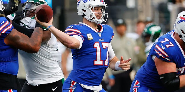 Buffalo Bills quarterback Josh Allen (17) drops back to pass during a game against the New York Jets Nov. 6, 2022, at MetLife Stadium in East Rutherford, N.J.  
