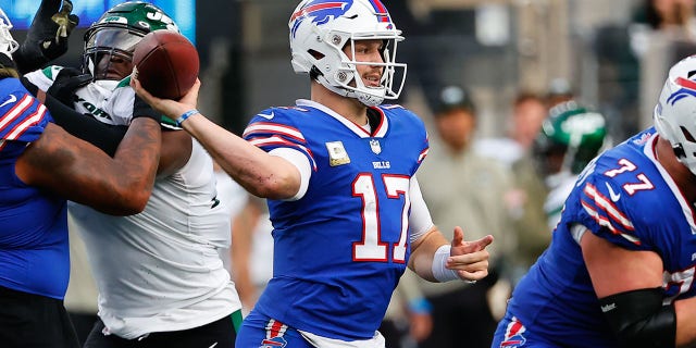 Buffalo Bills quarterback Josh Allen (17) drops back to pass during a game against the New York Jets Nov. 6, 2022, at MetLife Stadium in East Rutherford, N.J.  