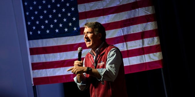 Virginia Governor Glenn Youngkin speaks during a rally for Yesli Vega, Republican candidate for northern Virginias 7th Congressional District, at Locust Shade Park on November 7, 2022 in Triangle, Virginia.