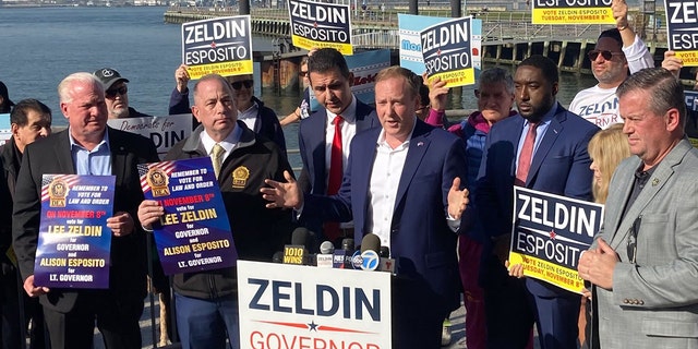 Rep. Lee Zeldin (R-N.Y.) during a campaign stop at the Hudson River in Manhattan, New York. 