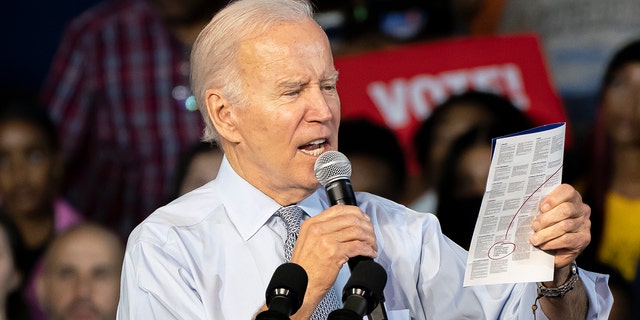 President Biden speaks at a campaign rally for Democratic gubernatorial candidate Wes Moore at Bowie State University on November 7, 2022, in Bowie, Maryland. 