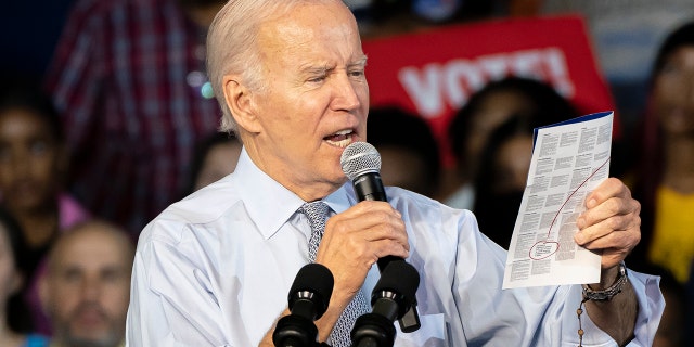 President Biden speaks at a campaign rally for Democratic gubernatorial candidate Wes Moore at Bowie State University on November 7, 2022, in Bowie, Maryland. 