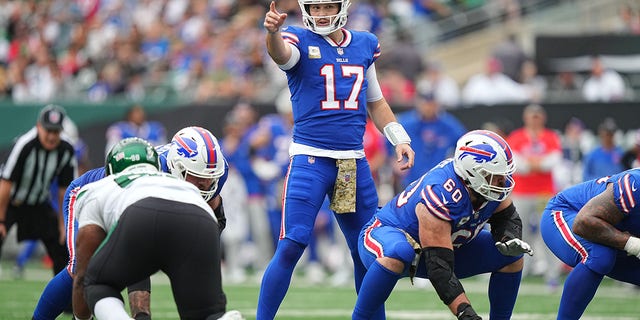 Buffalo Bills Josh Allen in action against New York Jets at Met Life Stadium. East Rutherford, New Jersey, on Nov. 6, 2022.