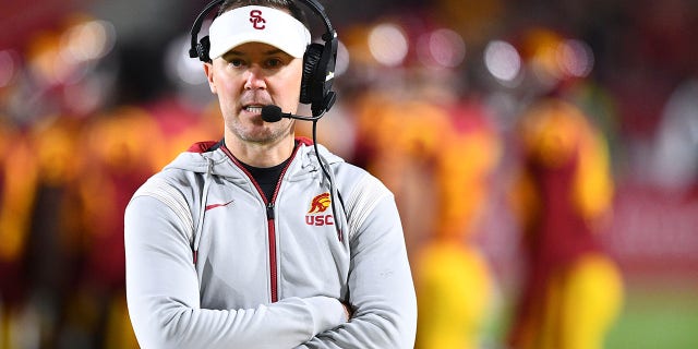 USC head coach Lincoln Riley looks on during a game against the California Golden Bears Nov. 5, 2022, at Los Angeles Memorial Coliseum in Los Angeles. 