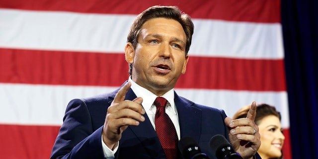 Florida Governor Ron DeSantis delivers his victory speech after defeating Democrat Charlie Christ at the Tampa Convention Center on November 8, 2022.