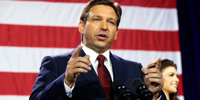 Florida Gov. Ron DeSantis gives a victory speech after defeating Democratic gubernatorial candidate Charlie Crist during his election night watch party at the Tampa Convention Center Nov. 8, 2022, in Tampa, Fla.  