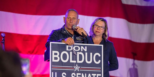 Republican candidate for Senator Don Bolduc, joined by his wife Sharon, speaks to supporters at an election night party on November 8, 2022, in Manchester, New Hampshire. Bolduc announced to his supporters that he lost the election to incumbent Democratic Sen. Maggie Hassan. 