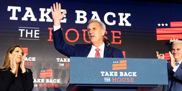 House Minority Leader Kevin McCarthy, R-Calif., addresses an Election Night party at The Westin Washington hotel in Washington, D.C., on Tuesday, November 8, 2022. Rep. Tom Emmer, R-Minn., and RNC Chairwoman Ronna McDaniel also appear. (Tom Williams/CQ-Roll Call, Inc via Getty Images)