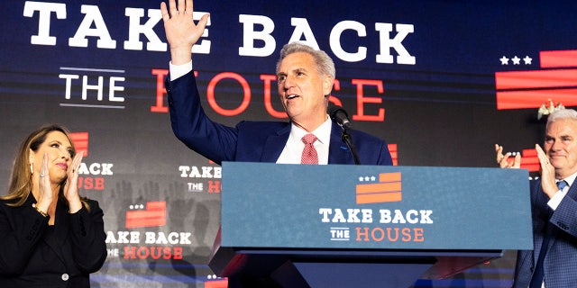 House Minority Leader Kevin McCarthy, R-Calif., addresses an Election Night party at The Westin Washington hotel in Washington, D.C., on Tuesday, November 8, 2022. Rep. Tom Emmer, R-Minn., and RNC Chairwoman Ronna McDaniel also appear. (Tom Williams/CQ-Roll Call, Inc via Getty Images)