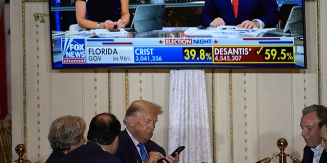 Former President Donald Trump checks his phone during an election night rally at Mar-a-Lago, Tuesday, Nov.  8, 2022 in lm Beach, Florida.