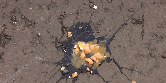 Eggs intended to hit King Charles III lay broken on the ground.