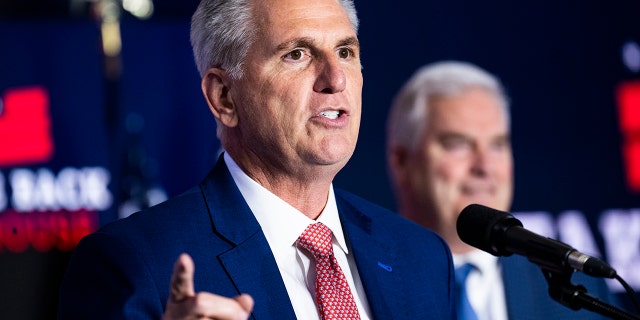 House Minority Leader Kevin McCarthy, R-Calif., addresses an Election Night party in Washington, D.C., on Tuesday, November 8, 2022. Rep. Tom Emmer, R-Minn., chairman of the National Republican Congressional Committee, also appears. 