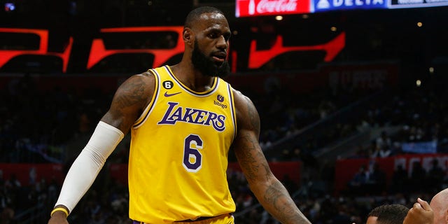 LA Lakers forward LeBron James heads to the bench for a breather in the second quarter of the game against the Clippers at Crypto.com Arena in Los Angeles on Wednesday night, Nov. 9, 2022. 