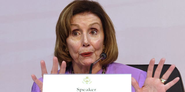 House Speaker Nancy Pelosi speaks during a property league astatine the COP27 normal analyzable successful Egypt's Red Sea edifice metropolis of Sharm el-Sheikh, connected November 11, 2022.