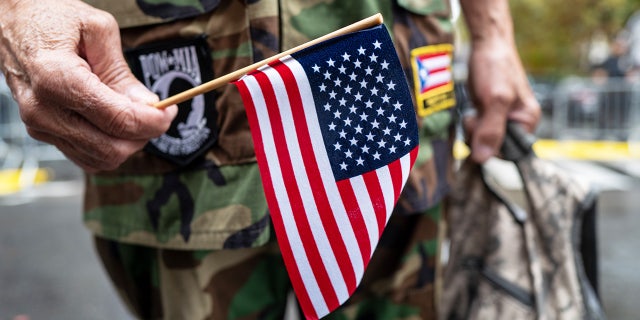 veteran holds mini us flag at parade