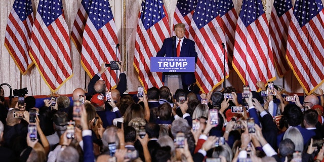Former President Donald Trump launches his third White House bid during an announcement at the Mar-a-Lago Club in Palm Beach, Florida, on Tuesday, Nov. 15, 2022.