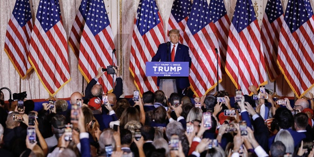 Former President Donald Trump formally launches a 2024 White House campaign, during an announcement at his Mar-a-Lago Club in Palm Beach, Florida, on Tuesday, Nov. 15, 2022.