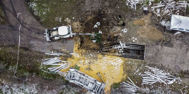 Aerial view taken on November 17, 2022, shows the site where a missile attack killed two men in the eastern Polish village of Przewodow, near the border with war-torn Ukraine, on November 15 of 2022.