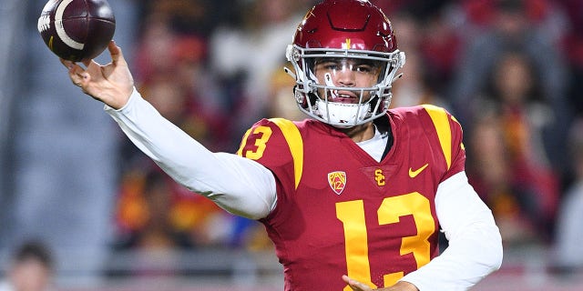 USC Trojans quarterback Caleb Williams passes during a game against the Colorado Buffaloes Nov. 11, 2022, at Los Angeles Memorial Coliseum in Los Angeles. 