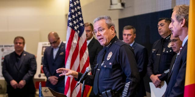 Chief Michel Moore speaks at a news conference at LAPD headquarters on Nov. 17, 2022.