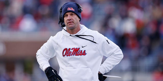 Mississippi Rebels head coach Lane Kiffin during a game against the Alabama Crimson Tide Nov. 12, 2022, at Vaught-Hemingway Stadium in Oxford, Miss. 