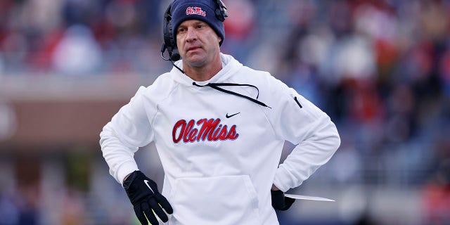 Mississippi Rebels head coach Lane Kiffin looks on during a college football game against the Alabama Crimson Tide on November 12, 2022, at Vaught-Hemingway Stadium in Oxford, Mississippi. 