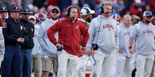 Alabama Crimson Tide head coach Nick Saban and offensive line coach Eric Wolford on the sideline during the Mississippi Rebels game on Nov. 12, 2022, at Vaught-Hemingway Stadium in Oxford.