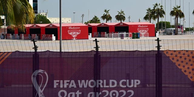 Budweiser beer kiosks are pictured at the Khalifa International Stadium in Doha on Nov. 18, 2022, ahead of the Qatar 2022 World Cup soccer tournament.