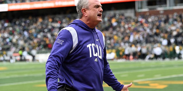TCU Horned Frogs head coach Sonny Dykes yells at an official during a game against the Baylor Bears Nov. 19, 2022, at McLane Stadium in Waco, Texas. 