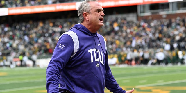 TCU Horned Frogs head coach Sonny Dykes yells at an official during a game against the Baylor Bears Nov. 19, 2022, at McLane Stadium in Waco, Texas. 