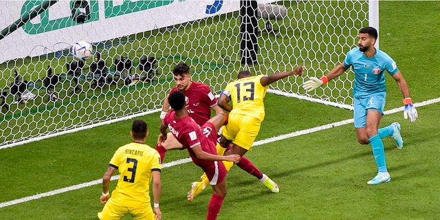 Enner Valencia of Ecuador scores his team's first goal during a Group A - Qatar 2022 FIFA World Cup match between Qatar and Ecuador at Al Bayt Stadium on November 20, 2022, in Al Khor, Qatar. 