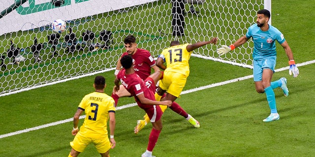 Enner Valencia of Ecuador scores his team's first goal during a Group A - Qatar 2022 FIFA World Cup match between Qatar and Ecuador at Al Bayt Stadium on November 20, 2022, in Al Khor, Qatar. 