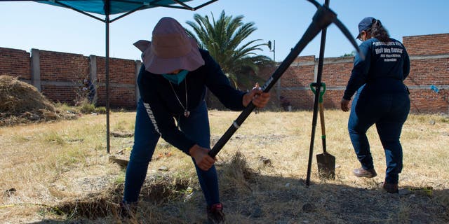 Members of the "Hasta Encontrarte" ("Until we find you") collective search for missing relatives in a clandestine grave at the Santa Fe neighborhood of Irapuato, Guanajuato state, Mexico, on November 10, 2022.