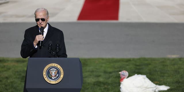 President Biden speaks after pardoning the national Thanksgiving turkey during a ceremony on the South Lawn of the White House, Nov. 21, 2022.