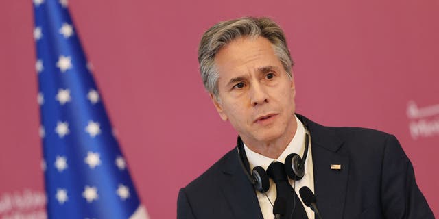 Secretary of State Antony Blinken, pictured, holds a press conference with Qatar's foreign minister in the capital Doha on November 22, 2022. 
