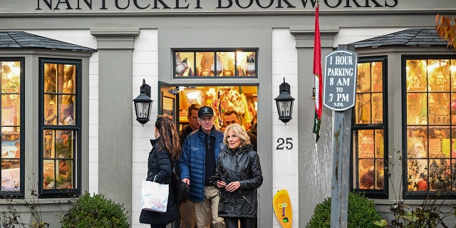 President Biden, first lady Jill Biden and the Presidents daughter, Ashley Biden, leave Nantucket Bookworks after having lunch in Nantucket, Massachusetts, on Nov. 25, 2022.